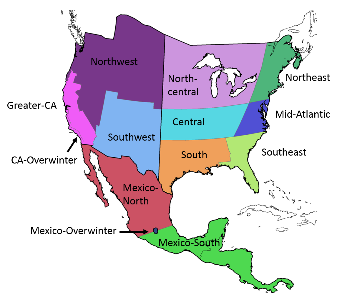 Map of the different monarch population regions